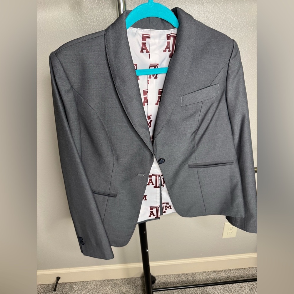 Custom made women’s blazer/suit jacket with Texas A&M print inside blazer